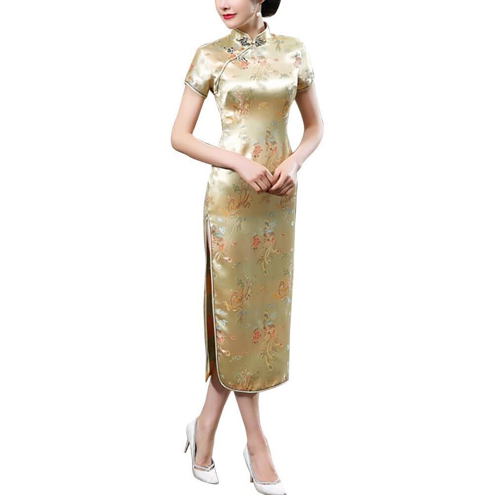 6618 Vintage Short Sleeve Maxi Cheongsam Print High Slit Side Traditional